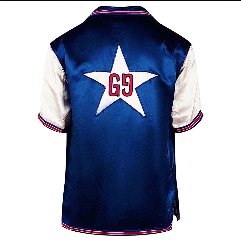 Gucci casual button up silk bowling shirt with GG star logo on back